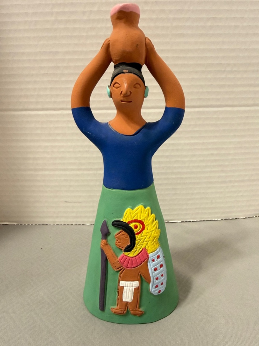 Hand-Painted Terra Cotta Woman Figurine Carrying Jug Indigenous Warrior On Skirt